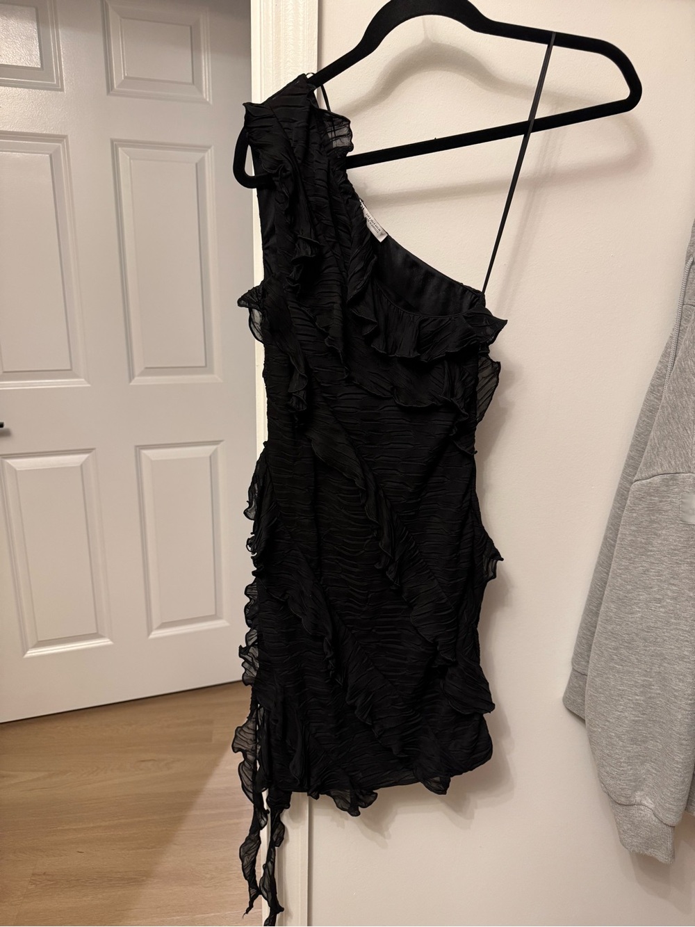 Zara One-Shoulder Black Ruffle Mini Dress